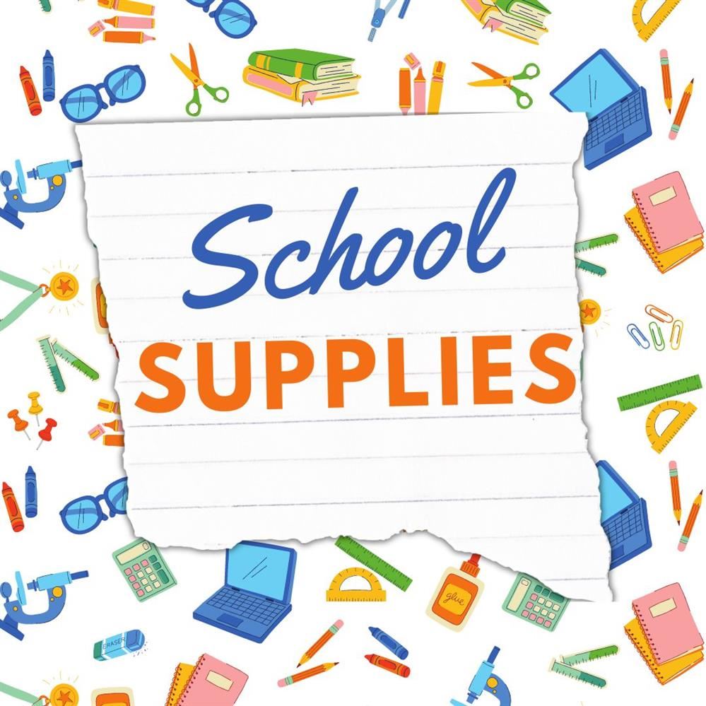  Image of school supplies with the words "School Supplies" 